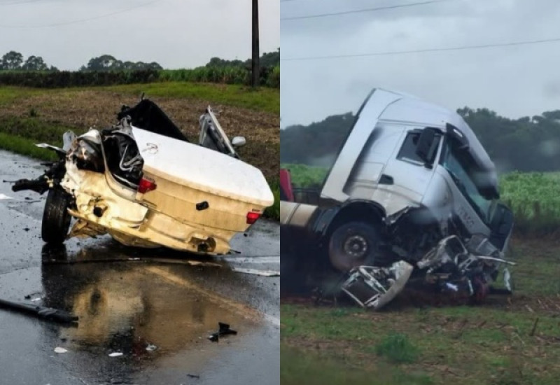Carro foi dividido ao meio com violência da batida (Foto: Redes Sociais)
