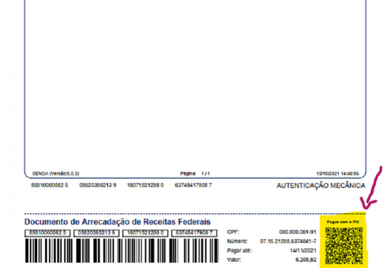 Modelo do DARF a ser gerado, com apresentação do código de resposta rápida (QR Code) para pagamento por PIX