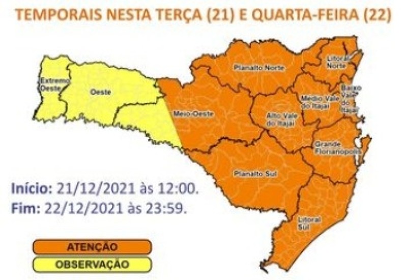 As áreas em laranja no mapa é onde há altos riscos de alagamentos causados pelas tempestades causadas pelo ciclone – Divulgação: Divulgação/ Defesa Civil